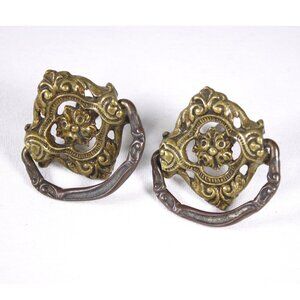 Antique cast brass drawer pulls with drop handle, vintage salvaged hardware,